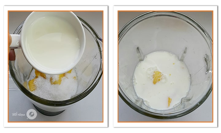 شیر را به دسر ژلاتینی انبه اضافه کنید