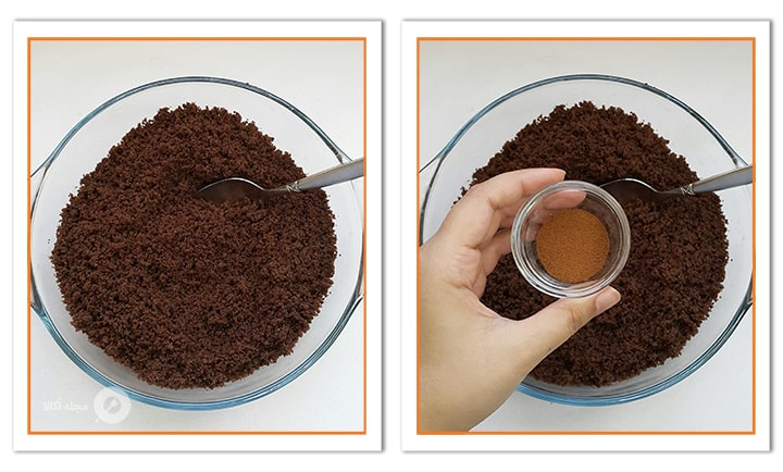 پودر قهوه فوری را به کیک خرد شده اضافه کنید برای شیرینی پرسی پودر قهوه فوری را به کیک خرد شده اضافه کنید برای شیرینی پرسی