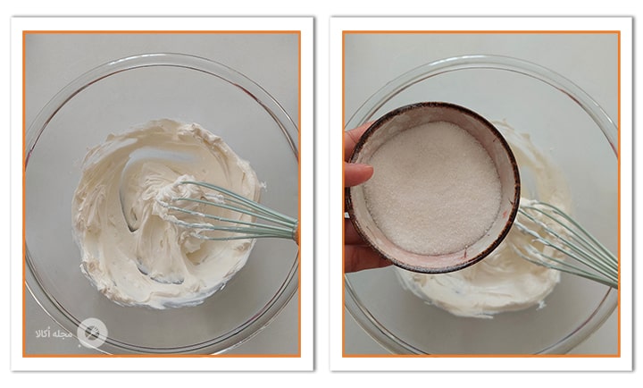 شکر را به پنیر ماسکارپونه زده شده اضافه کنید برای چیزکیک لوتوس