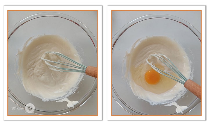 یک عدد تخم مرغ را به مواد چیزکیک لوتوس اضافه کنید