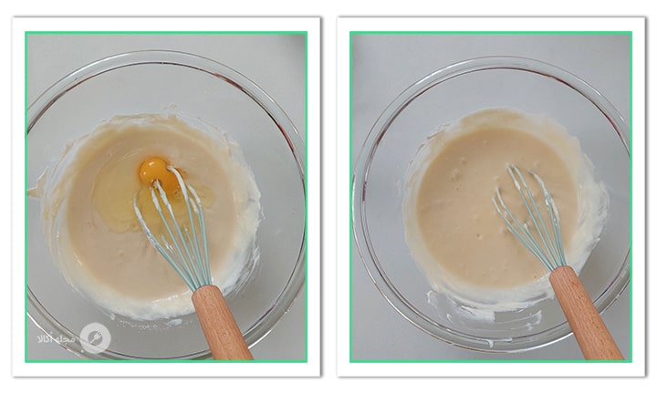 تخم مرغ را به مواد اضافه و هم بزنید برای چیزکیک لوتوس