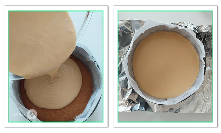 کرم پنیری را روی کراست چیزکیک بریزید برای چیزکیک لوتوس