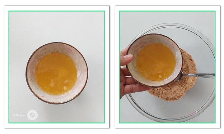 کره اب شده را به بیسکوئیت پودر شده بریزید برای چیزکیک لوتوس