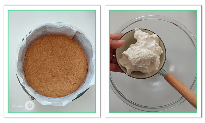 در یک ظرف جدا پنیر ماسکارپونه برای چیزکیک لوتوس بریزید