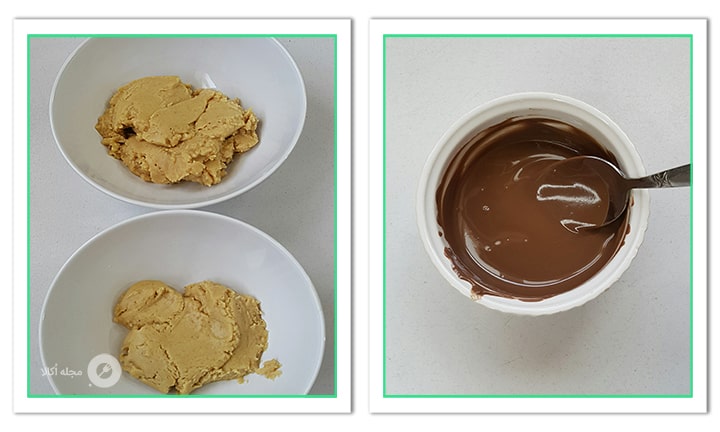 حلوا را به دو قسمت کرده و شکلات شیری را بن ماری کنید حلوا را به دو قسمت کرده و شکلات شیری را بن ماری کنید