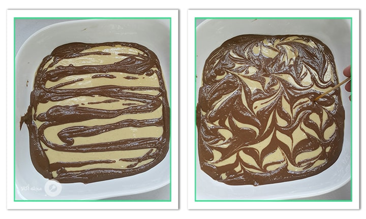 حلوای شکلاتی را روی حلوای سفید رنگ بریزید و مانند تصویر شکل دهید.