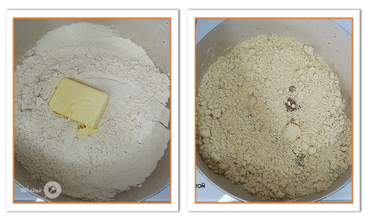 کره را اضافه کنید به تابه آرد برای حلوای مرمری کره را اضافه کنید به تابه آرد برای حلوای مرمری