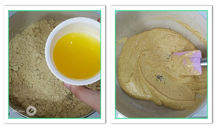 روغن مایع را اضافه کنید به آرد برای حلوای مرمری روغن مایع را اضافه کنید به آرد برای حلوای مرمری