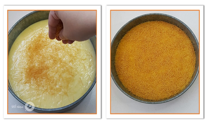 رشته های خرد شده شعریه را روی مایه کیک بریزید برای کیک شعریه