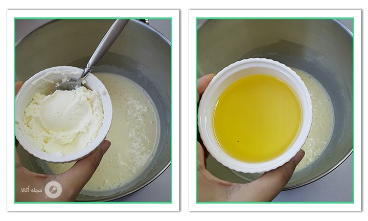 پنیر لبنه را با روغن مایع اضافه کنید به مواد کیک شعریه