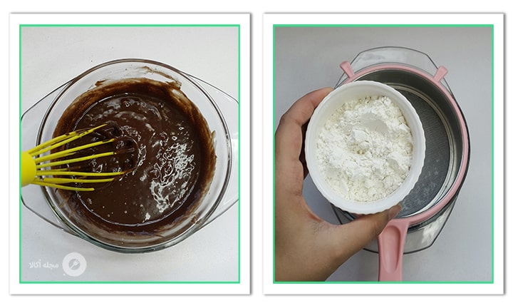 آرد را به مواد کوکی براونی ترک دار اضافه کنید آرد را به مواد کوکی براونی ترک دار اضافه کنید