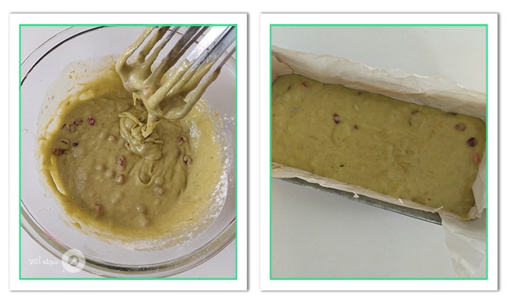 مواد کیک را در قالب بریزید برای کیک اسفناج و انار مواد کیک را در قالب بریزید برای کیک اسفناج و انار