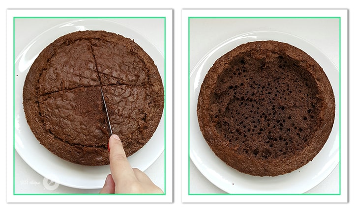 برش کیک کوستبک و خالی کردن آن برای پر کردن فیلینگ کیک