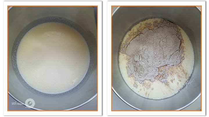 مخلوط آرد را به مواد کیک کوستبک اضافه کنید مخلوط آرد را به مواد کیک کوستبک اضافه کنید