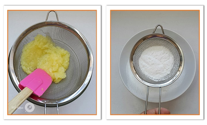 پودر قند را روی پودر نارگیل الک کنید برای قطاب آناناسی پودر قند را روی پودر نارگیل الک کنید برای قطاب آناناسی