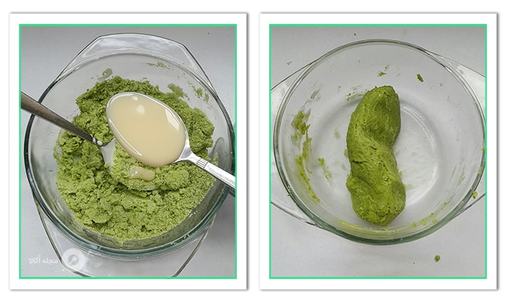 شیرعسلی را به خمیر پسته اضافه کنید شیرعسلی را به خمیر پسته اضافه کنید