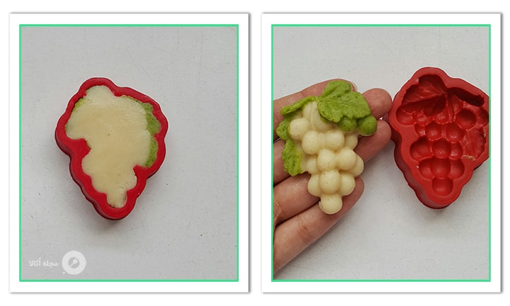 با خمیر بادام پسته همانند شکل از قالب انگور در بیاورید با خمیر بادام پسته همانند شکل از قالب انگور در بیاورید