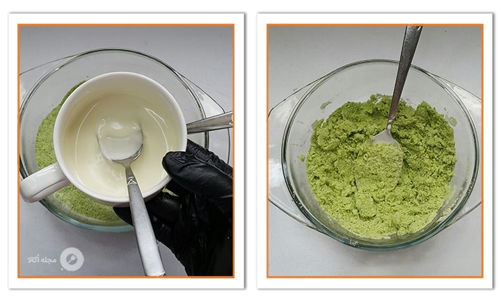 شکلات سفید بن ماری شده را به پسته اضافه کنید