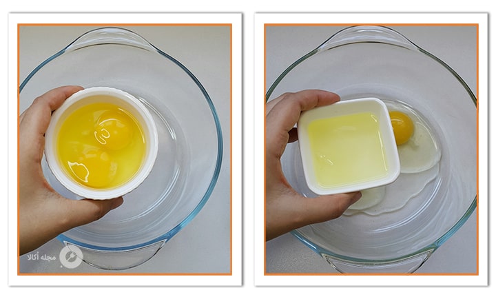 سفیده و زرده تخم مرغ را با هم در ظرف بریزید برای کوکی عسلی
