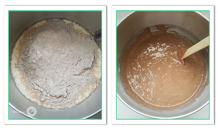 مواد خشک را به مواد مایع کیک شیفون اضافه کنید مواد خشک را به مواد مایع کیک شیفون اضافه کنید