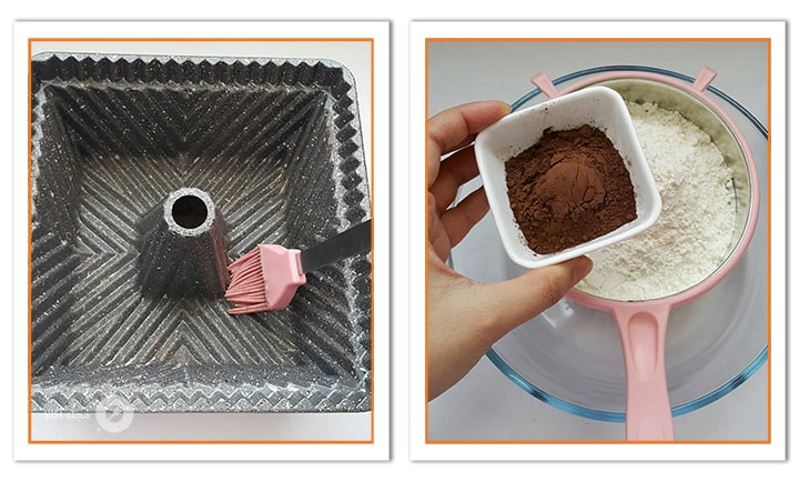 پودر کاکائو و آرد را مخلوط و الک کنید برای کیک شیفون شکلاتی