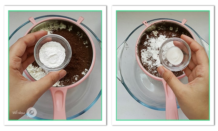 پودر کیک و جوش شیرین را به مواد خشک اضافه کنید