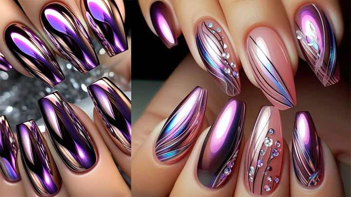 دیزاین ناخن کروم با نگین دیزاین ناخن کروم با نگین