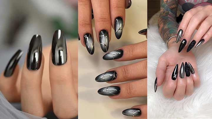 ناخن کروم با ترکیب لاک مشکی و نقرهای ناخن کروم با ترکیب لاک مشکی و نقرهای