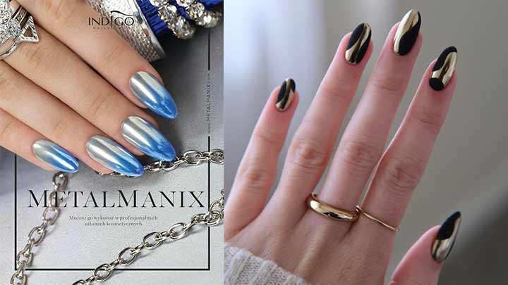 ناخن کروم رنگ مشکی و طلایی ناخن کروم رنگ مشکی و طلایی