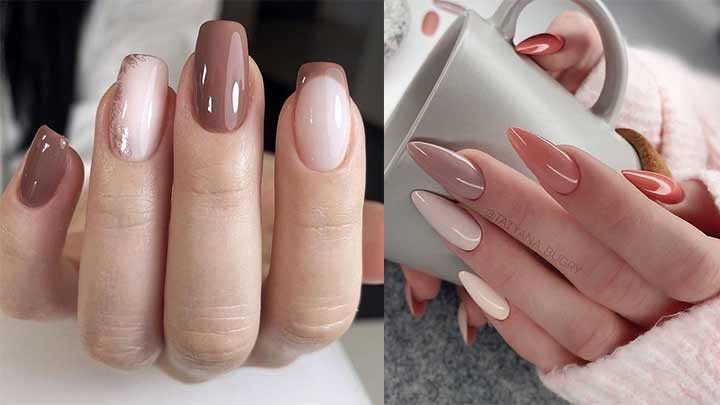 ترکیب رنگ کرم و قهوه‌ای برای طراحی ناخن