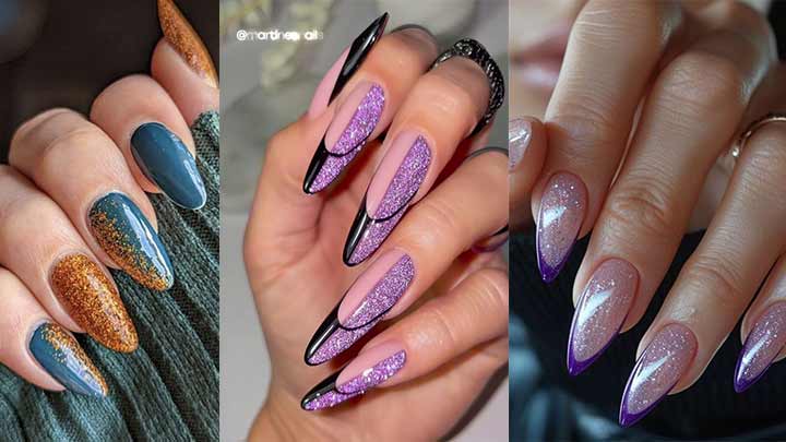 دیزاین ناخن با لاک یاسی و مشکی شاین دار