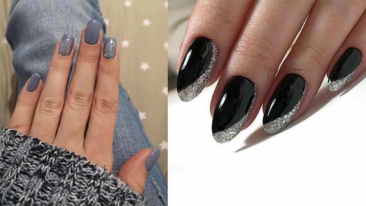 دیزاین ناخن با لاک مشکی و نقره‌ای شاین