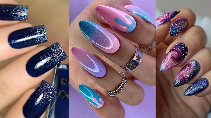 دیزاین ناخن با لاک آبی و صورتی