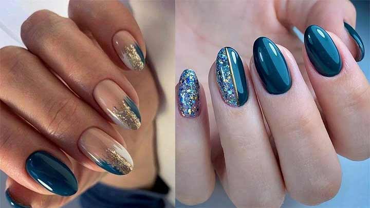 دیزاین ناخن با لاک شاین سبز و طلایی