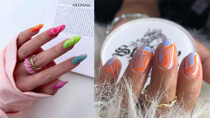 دیزاین ناخن تابستانه با رنگ آبی و نارنجی پاستلی