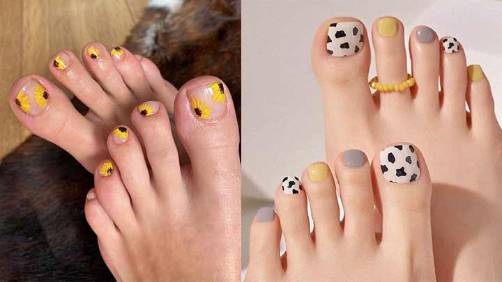 دیزاین ناخن پا با نگ زرد