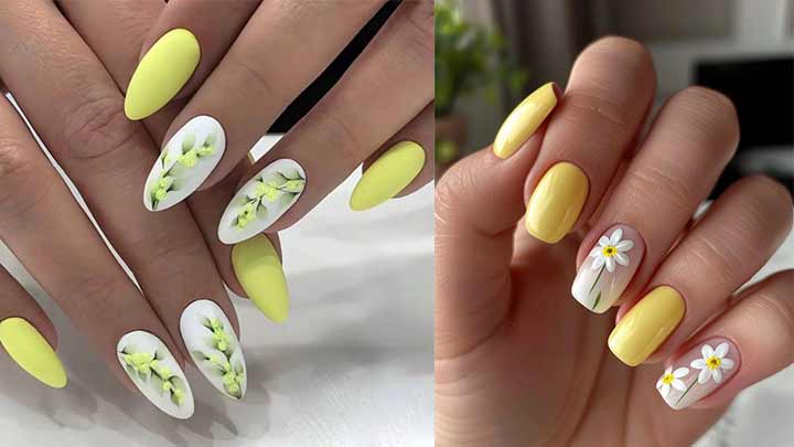 ناخن تابستانه رنگ زرد و سفید ناخن تابستانه رنگ زرد و سفید