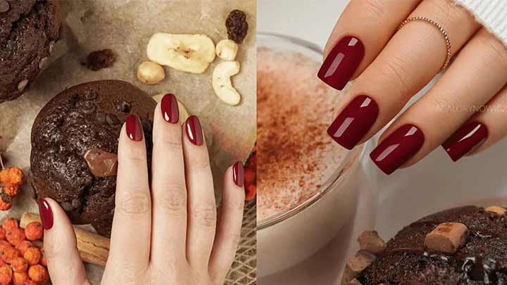 طرح ناخن پاییزی با لاک ژل زرشکی طرح ناخن پاییزی با لاک ژل زرشکی