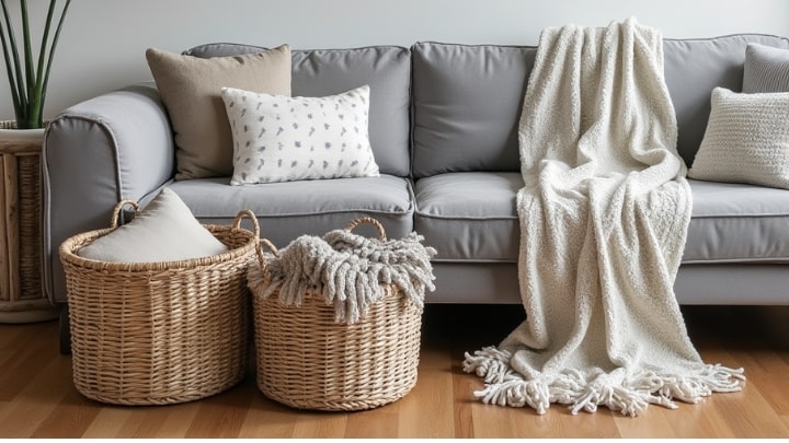 استفاده از سبد برای دیزاین مبل خاکستری استفاده از سبد برای دیزاین مبل خاکستری