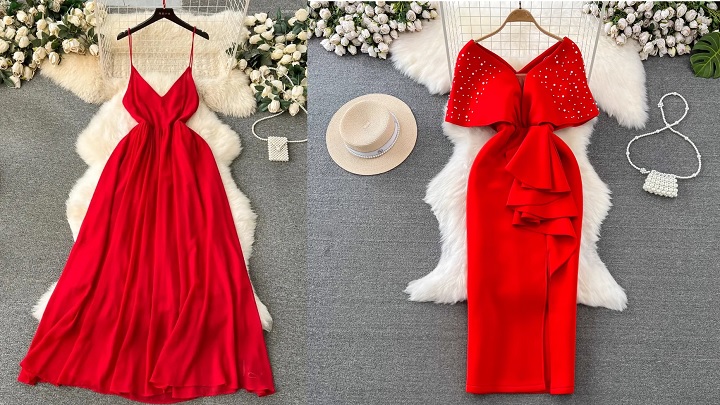 لباس مجلسی قرمز مهره دوزی شده