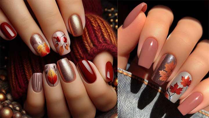 طرح‌های پاییزی روی ناخن‌های مربعی؛ گرم و دلنشین