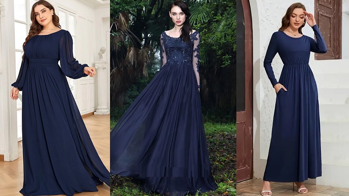 پیراهن بلند مجلسی سرمه‌ای