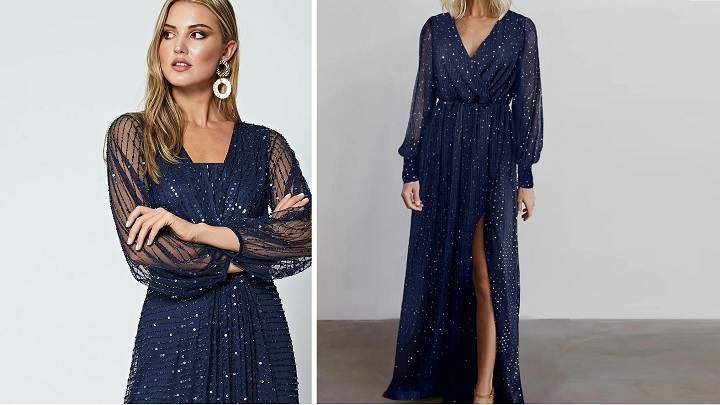 پیراهن بلند مجلسی سرمه‌ای