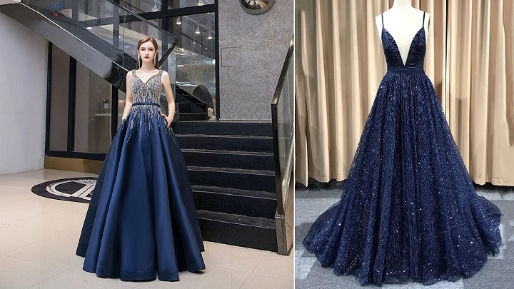 پیراهن بلند مجلسی سرمه‌ای