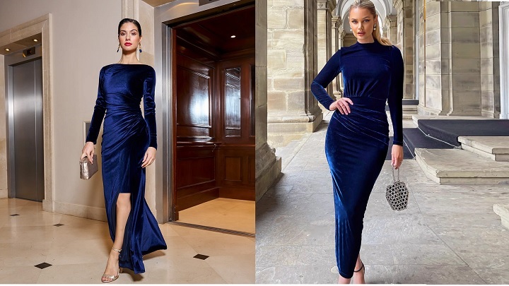 پیراهن بلند مجلسی سرمه‌ای