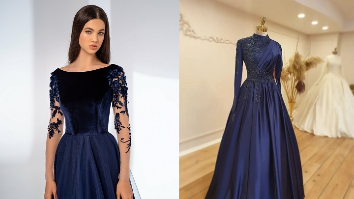 پیراهن بلند مجلسی سرمه‌ای