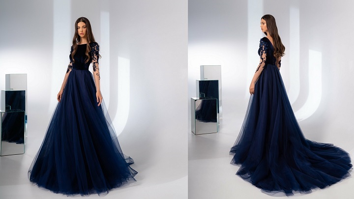 پیراهن بلند مجلسی سرمه‌ای