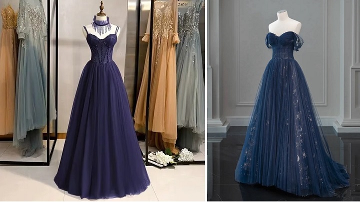 پیراهن بلند مجلسی سرمه‌ای