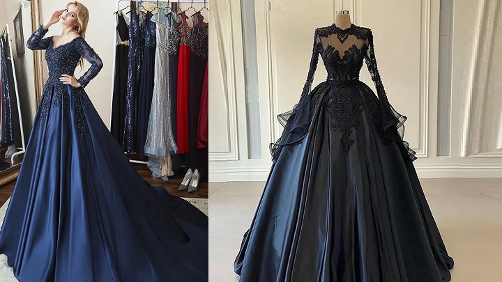 پیراهن بلند مجلسی سرمه‌ای