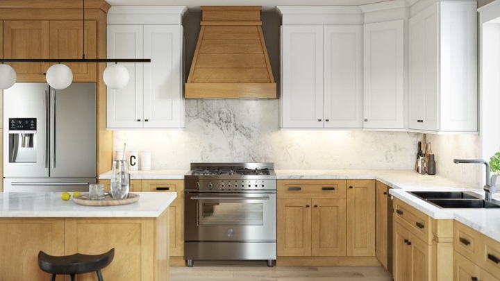 آشپزخانه رویایی با کابینت‌های گلاس دو رنگ